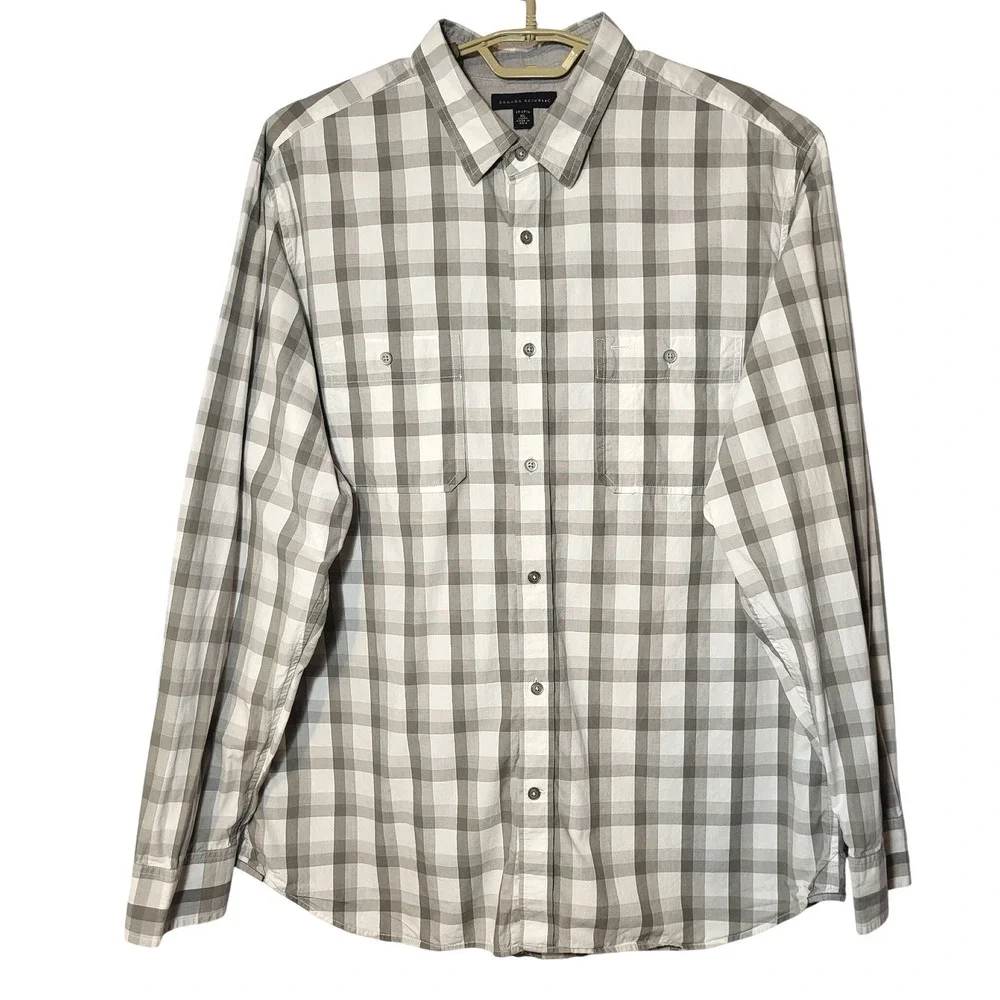 Banana Republic Mens Grey White Plaid Cotton Button Up Shirt XL 17-17 1/2 Preppy